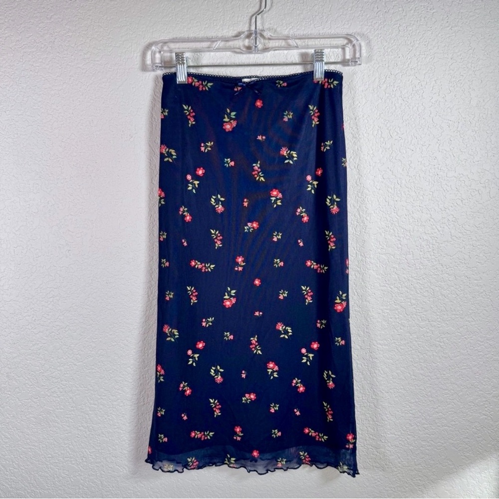 NWOT Stitch and Pine Floral Print Mesh Navy Blue Midi Skirt XS